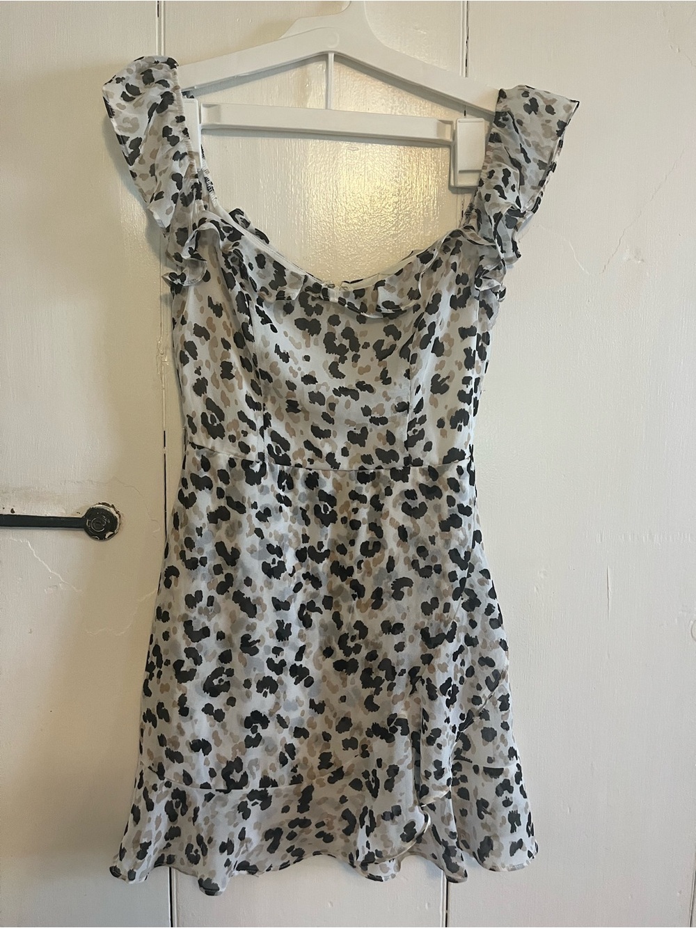 Blue Rain Ruffle-Strap Leopard-Print Mini Dress in White and Black